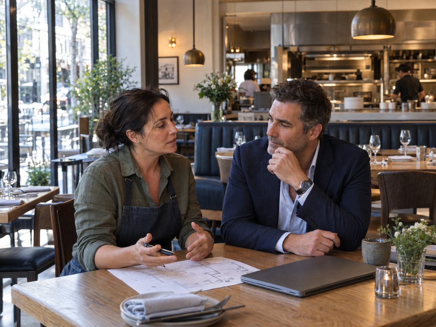 A restaurant owner and financing adviser discuss business plans together at a restaurant table