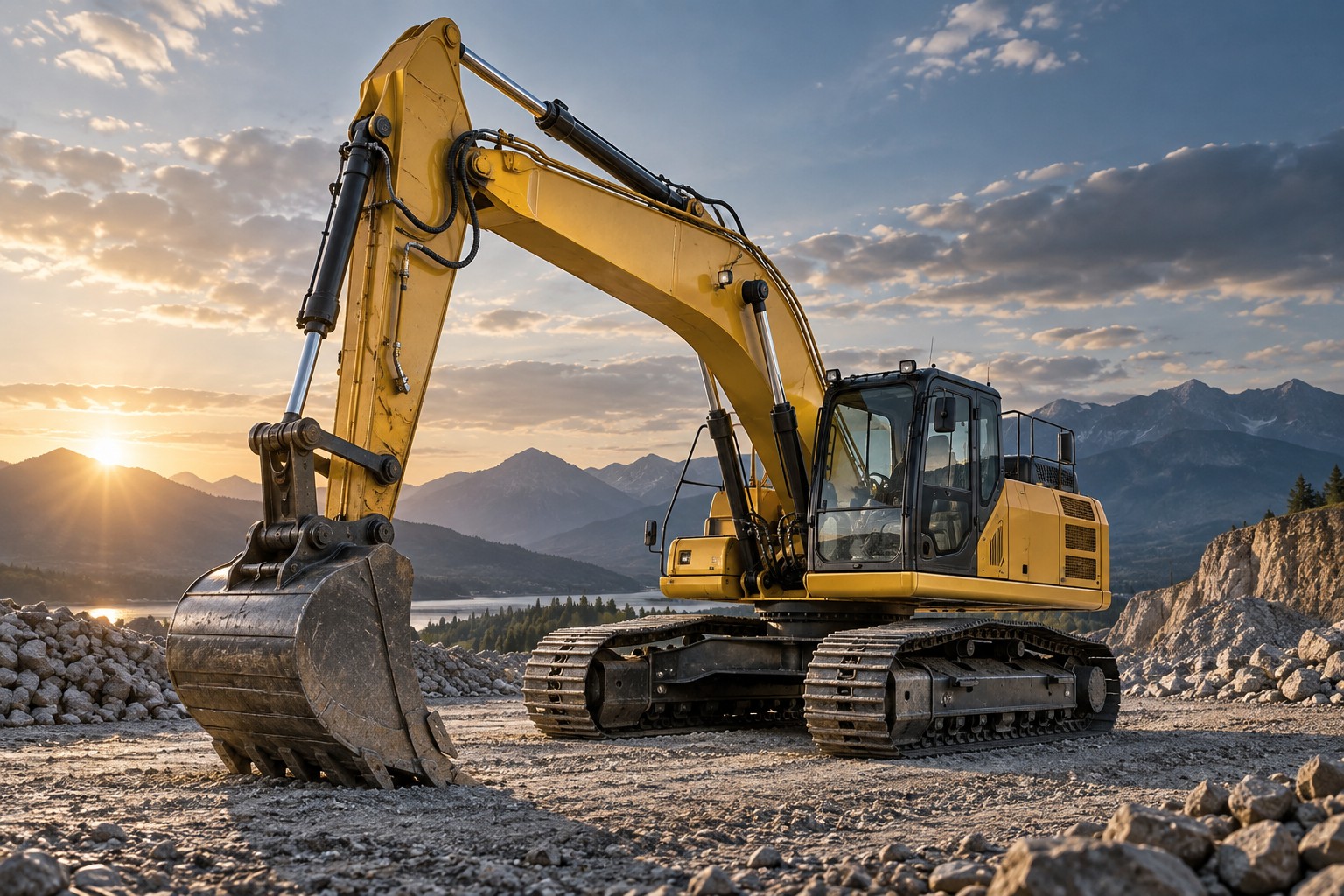 Realistic yellow excavator on a gravel construction site