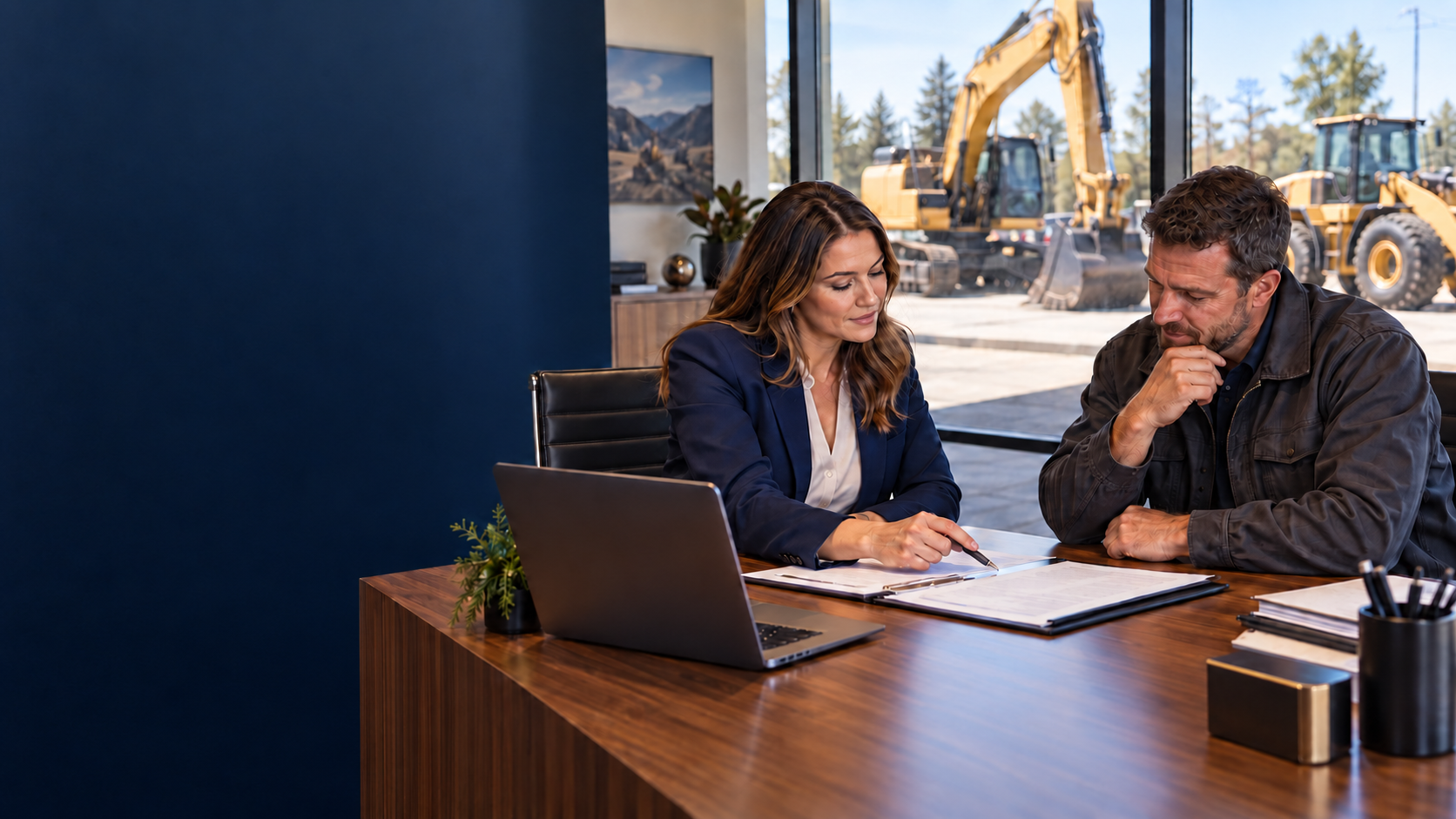 An adviser and business owner review financing paperwork in a dealership office, with heavy equipment outside